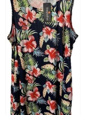 Simple Fun Navy Floral  Sleeveless Sundress with Red Hibiscus Print NWT